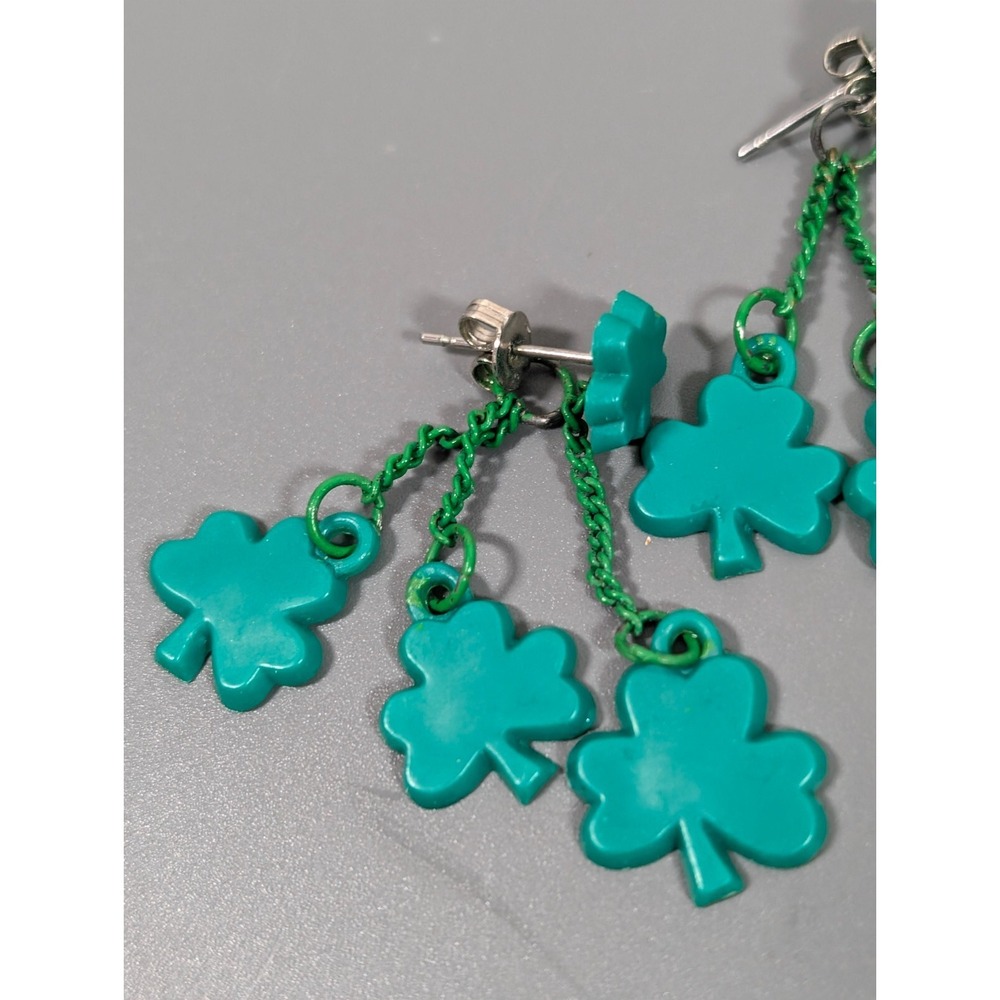 Vintage Hallmark Green Clover Front‎ Back Dangle Earrings Luck St Patricks Day - Picture 5 of 11